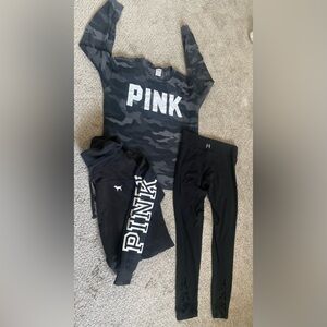 VS PINK LOT OF 3 BLACK CAMO COWL NECK  LEGGINGS w/ANGEL WINGS